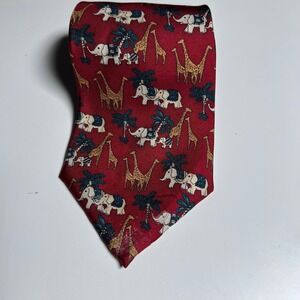 JT Beckett Mens Silk Necktie Red Safari Animal Print Elephant Giraffe USA Made